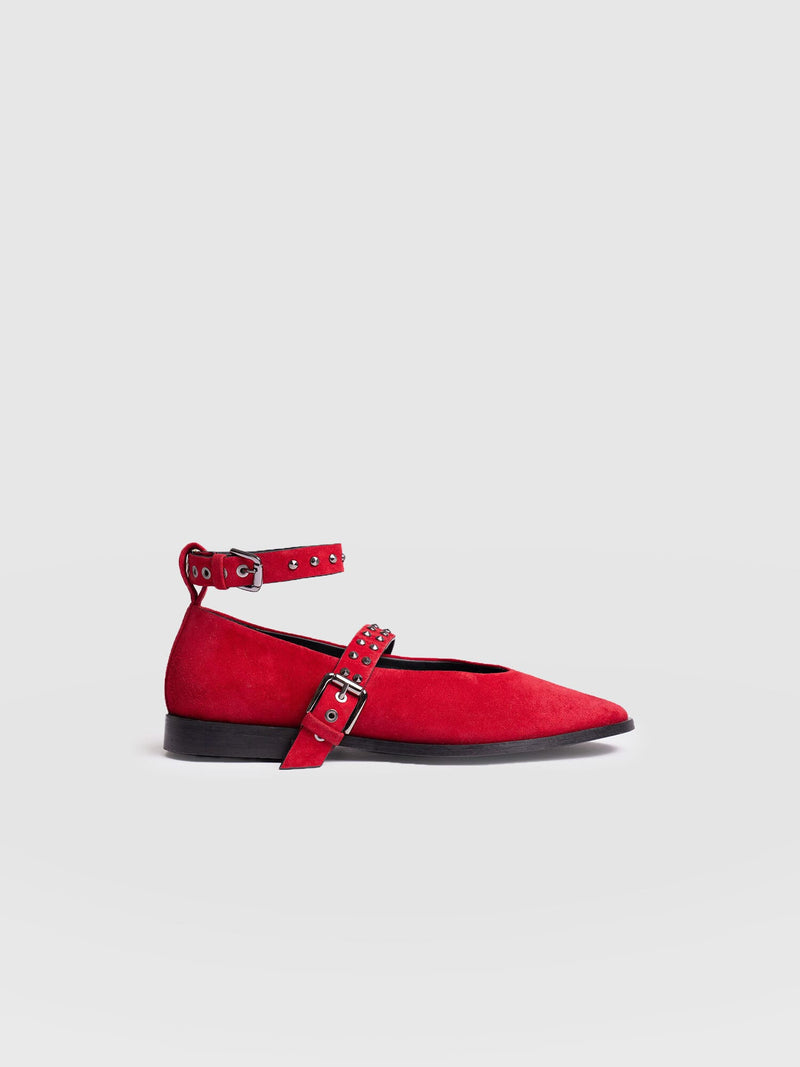 Vega Studded Ballerina Flats - Red Suede - Women's Shoes | Saint + Sofia® USA