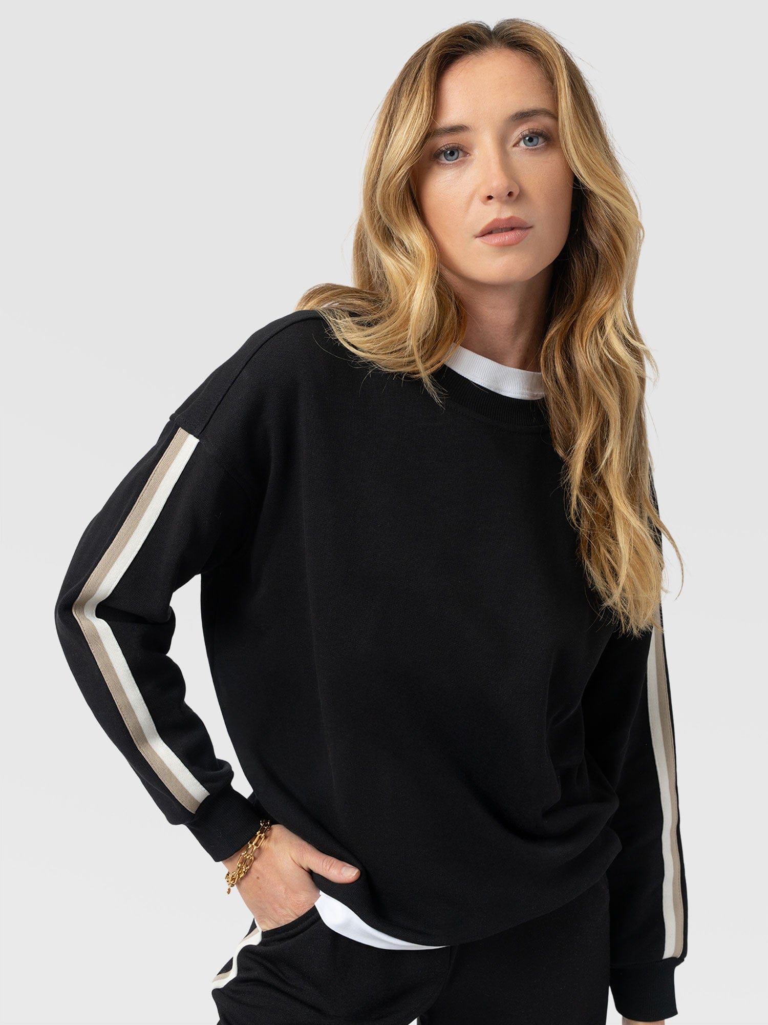 Victory Sweatshirt - Black - Cream/Beige Stripe - Women's Sweaters | Saint and Sofia® USA