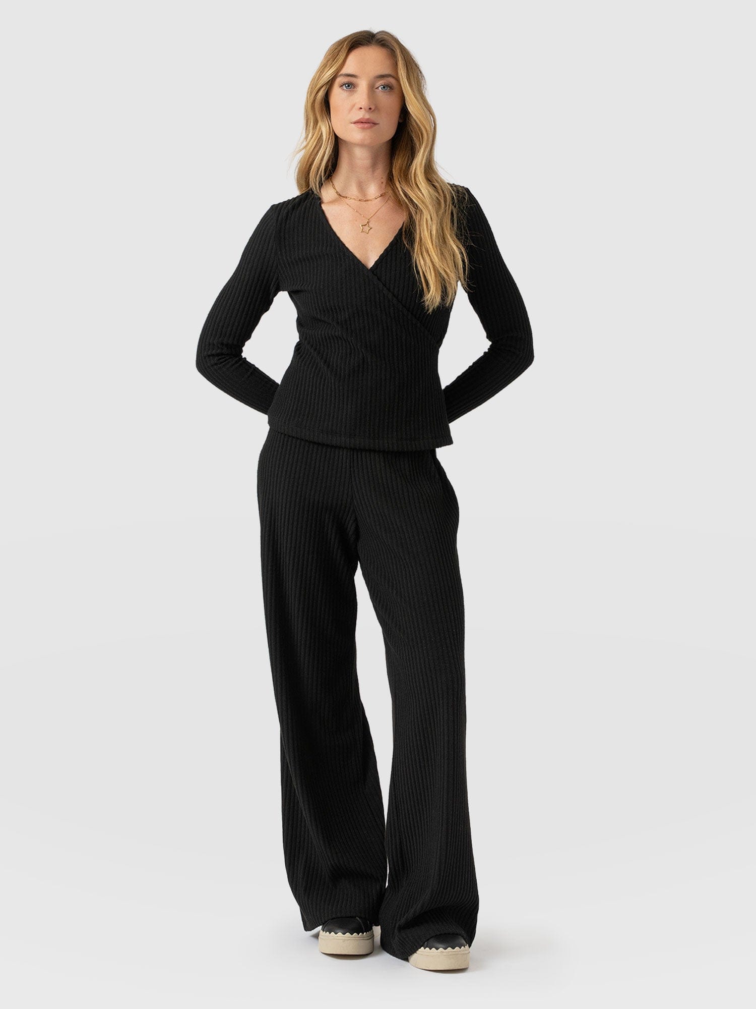 Victory Wide Leg Pant - Black Rib - Women's Pants | Saint + Sofia® USA