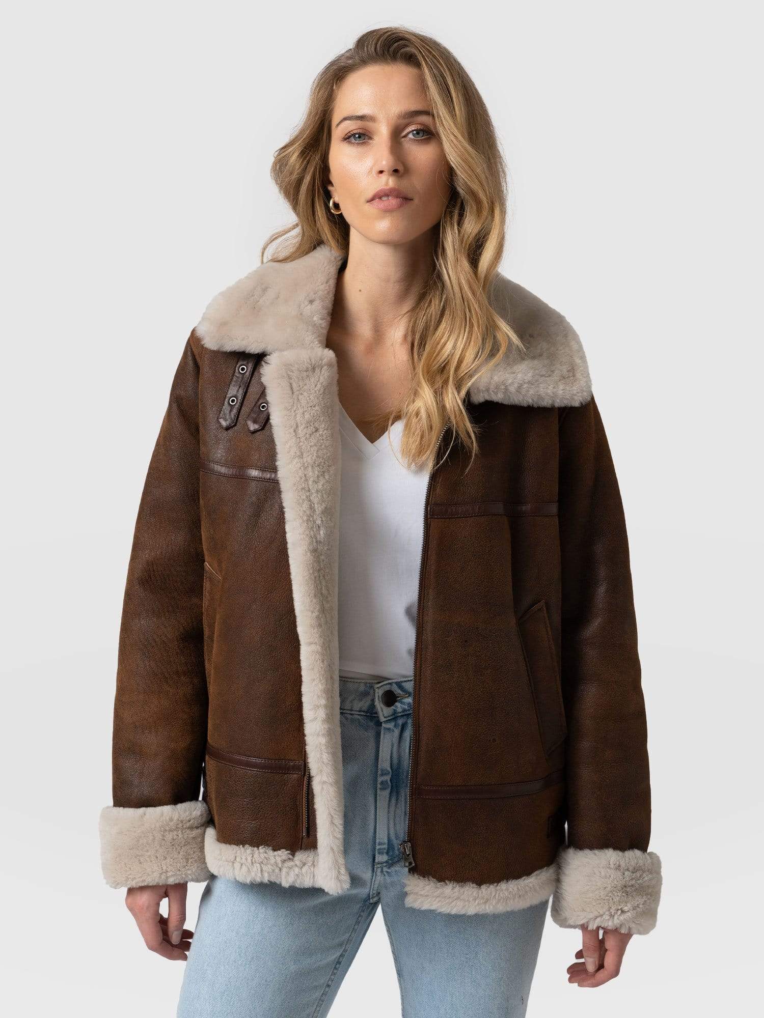 Amelia Aviator Jacket Brown - Women's Leather Jackets | Saint + Sofia® USA