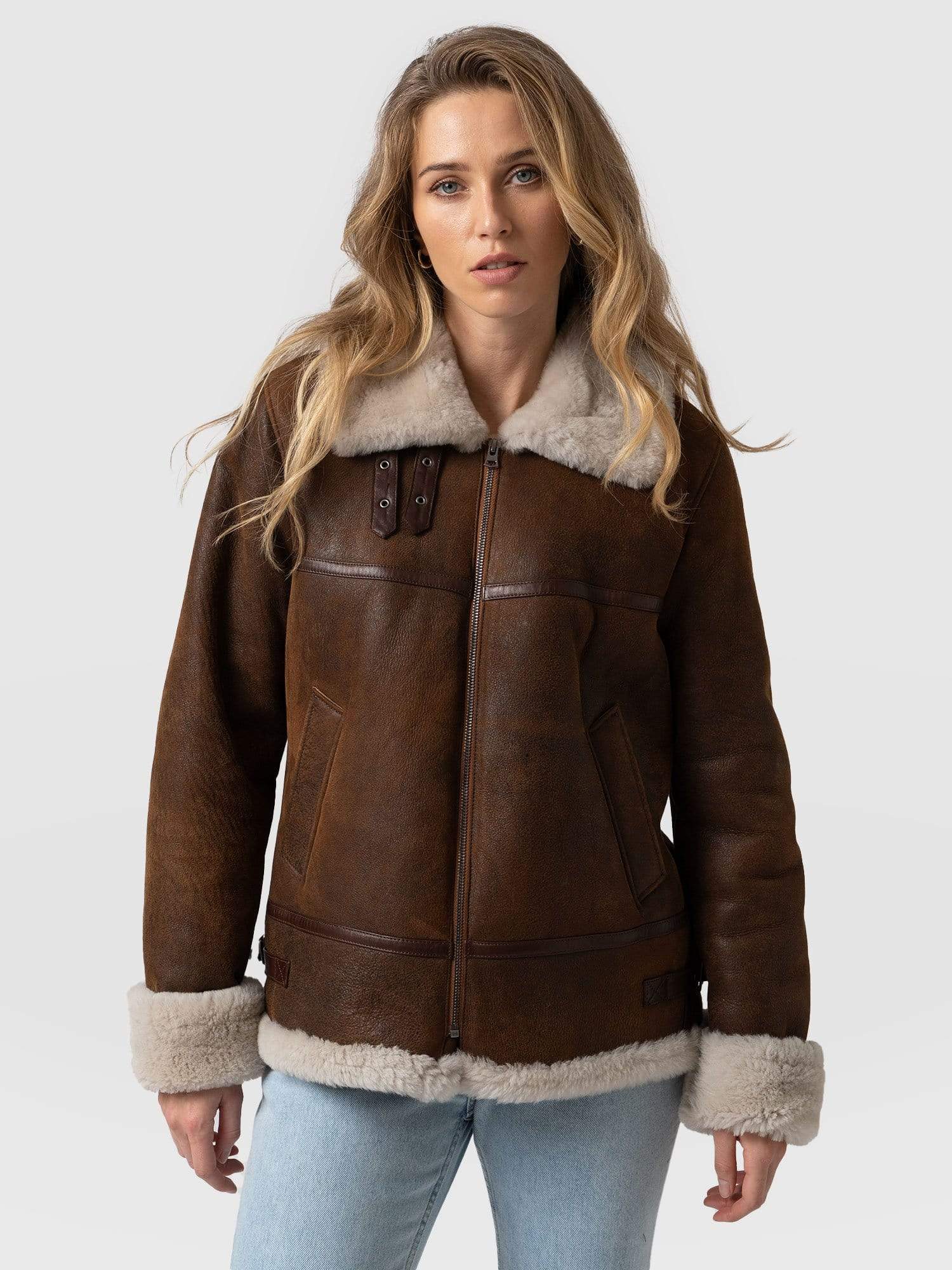 Amelia Aviator Jacket Brown - Women's Leather Jackets | Saint + Sofia ...