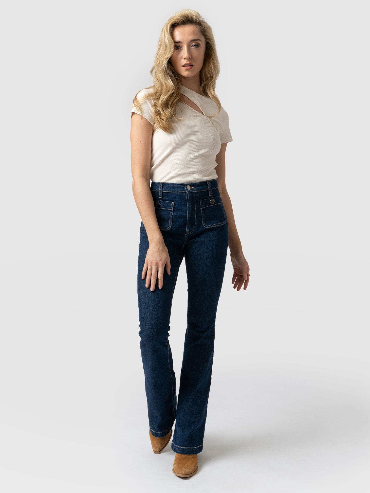 Bowie Stretch Flare Jeans Mid Blue - Women's Jeans | Saint + Sofia® UK