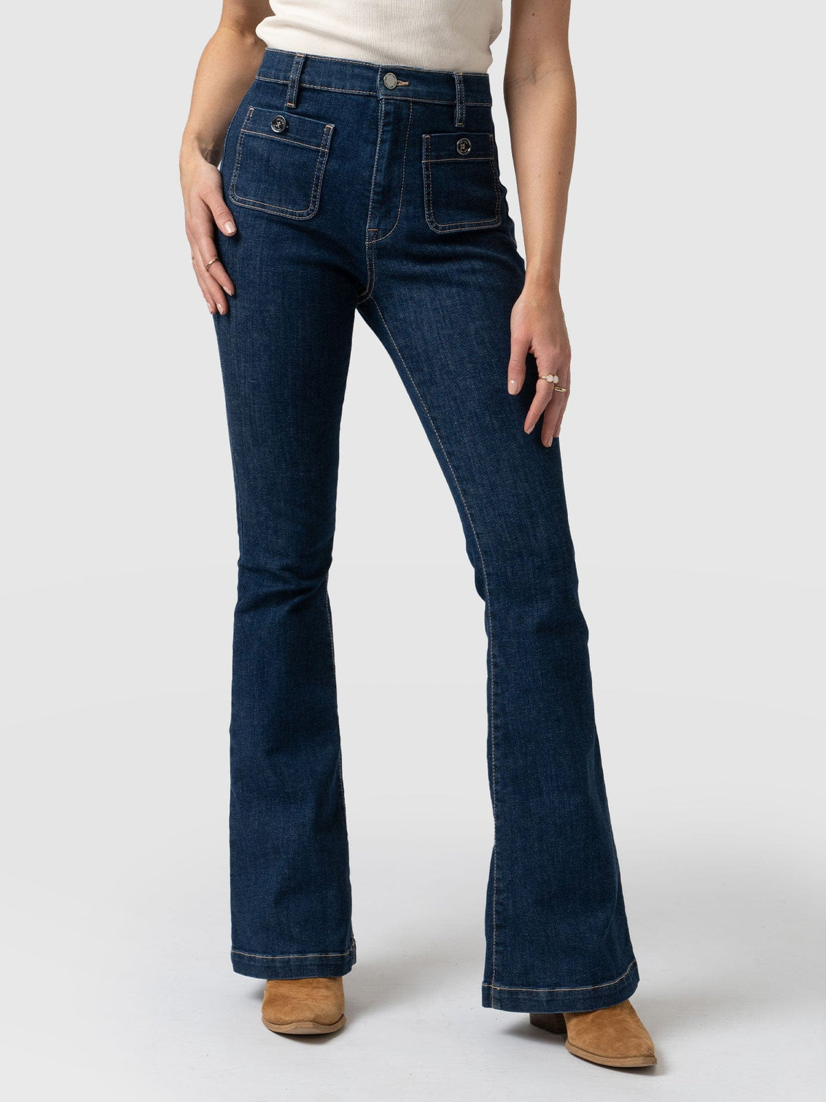 Bowie Stretch Flare Jeans Mid Blue - Women's Jeans | Saint + Sofia® USAA