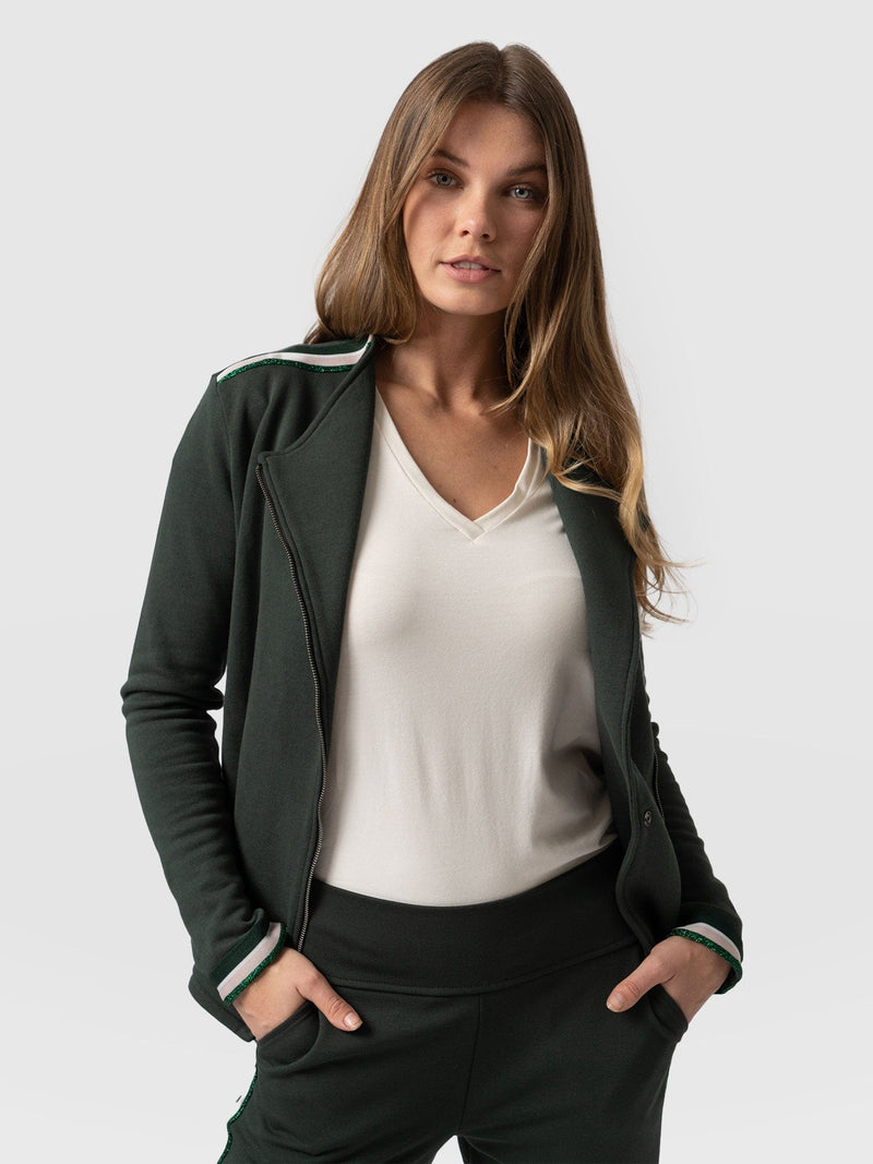 Cotton Biker Jacket - Bottle Green with Green/Pink Lurex Stripe - Women's Jackets | Saint + Sofia® USA