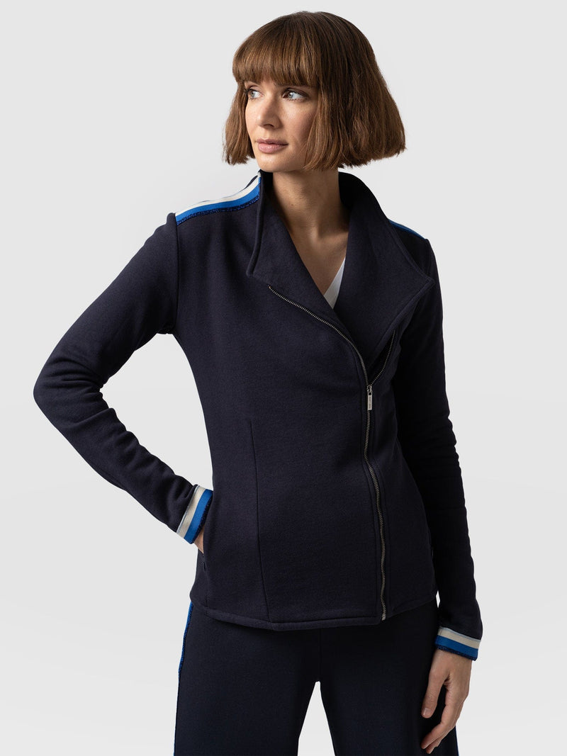 Cotton Biker Jacket Navy Blue Stripe - Women's Jackets | Saint + Sofia® USA