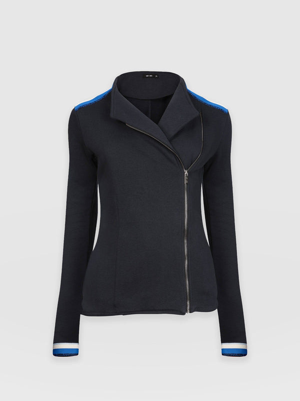 Cotton Biker Jacket Navy Blue Stripe - Women's Jackets | Saint + Sofia® USA