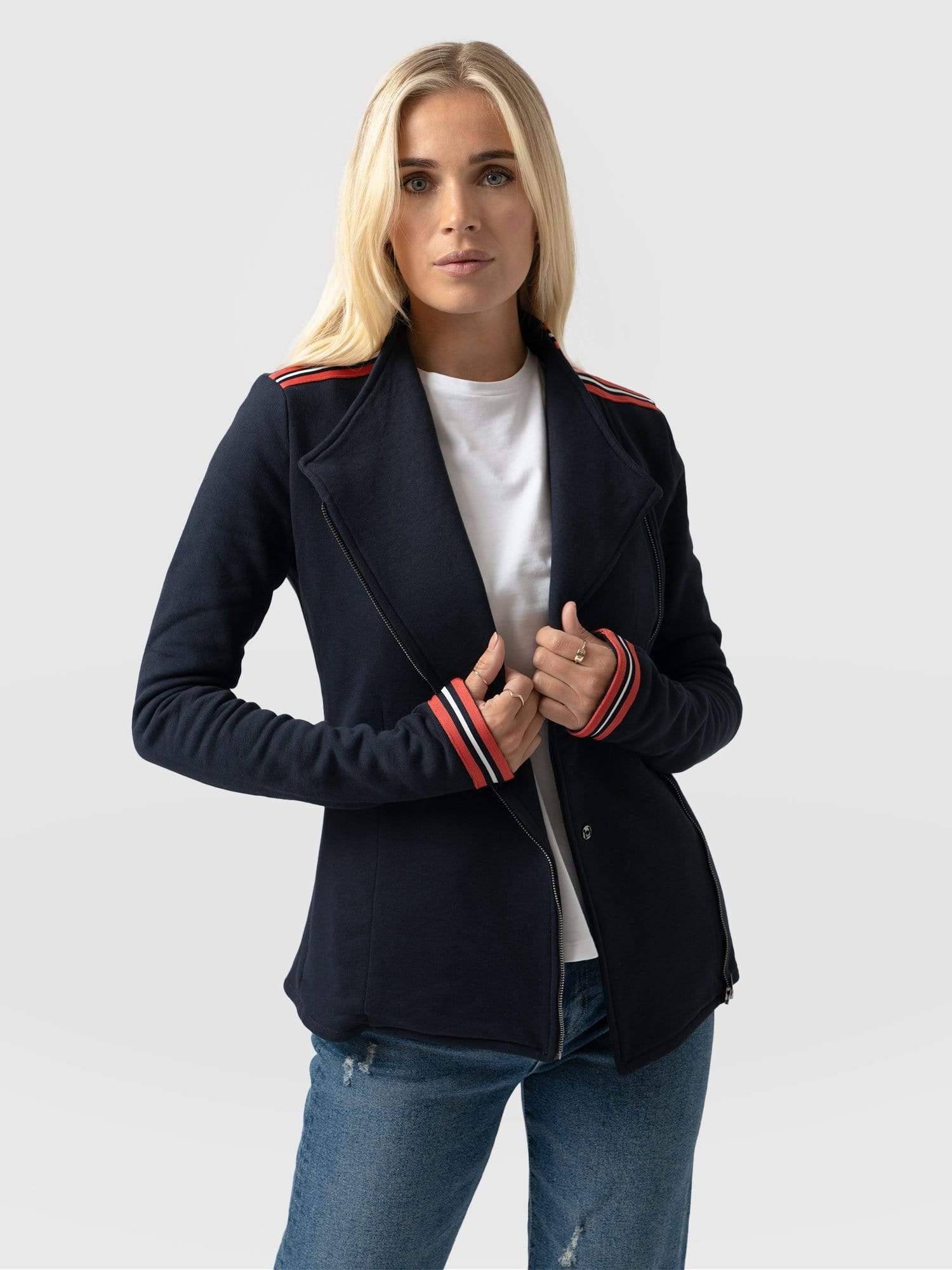 Navy striped jacket hotsell