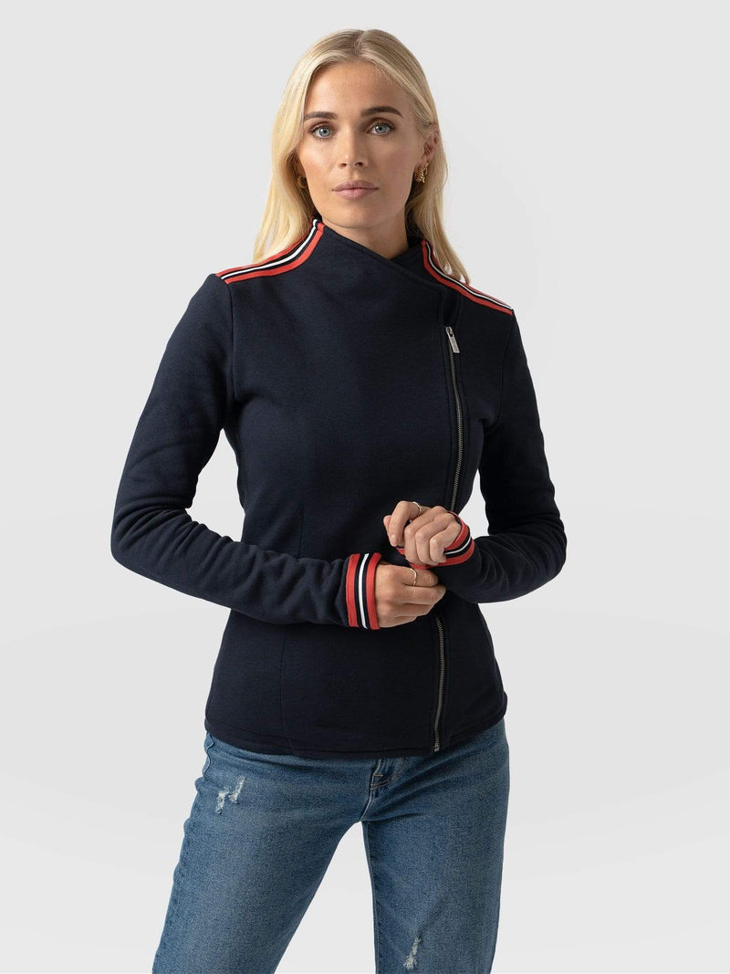 Cotton Biker Jacket Navy Stripe - Women's Jackets | Saint + Sofia® USA