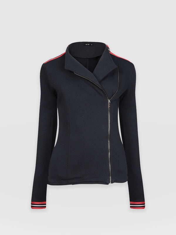 Cotton Biker Jacket Navy Stripe - Women's Jackets | Saint + Sofia® USA