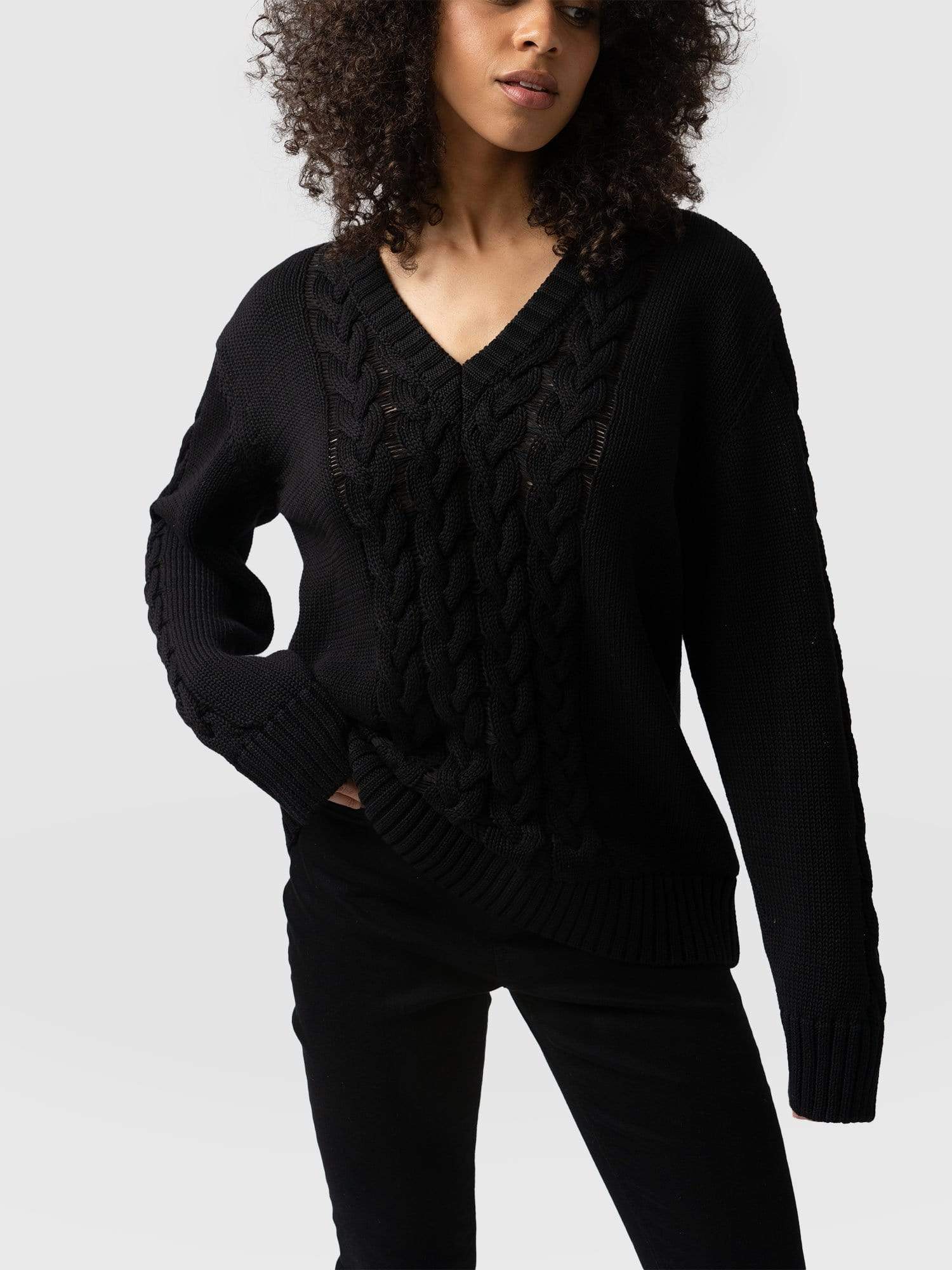 Cotton Cable Knit Sweater - Black