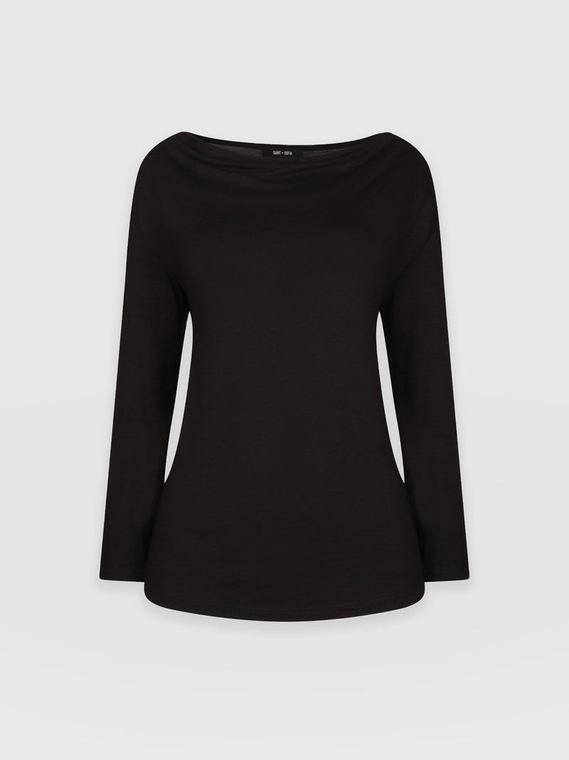Cowl Neck Tee Black Long Sleeve - Women's T-Shirts