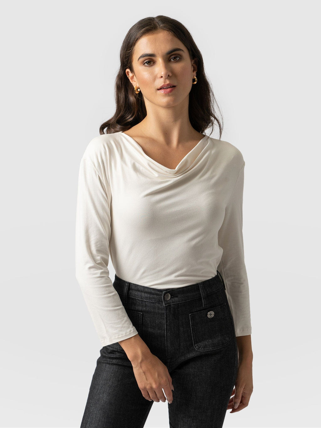 Cowl Neck Tee Cream Long Sleeve - Women's T-Shirts