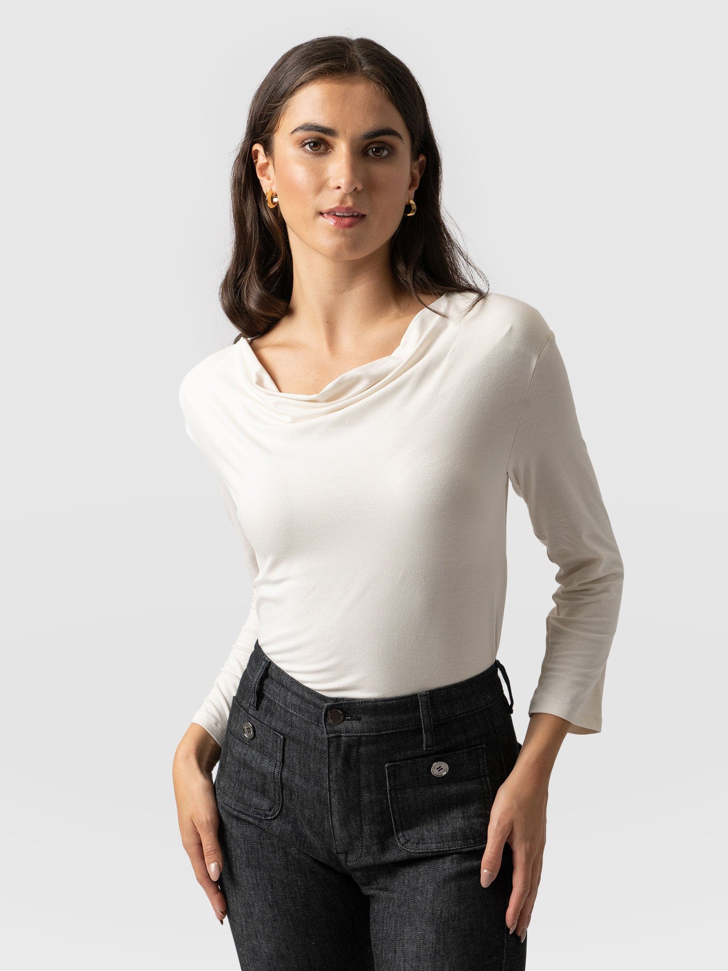 Cowl Neck Tee Cream Long Sleeve - Women's T-Shirts | Saint + Sofia® USA