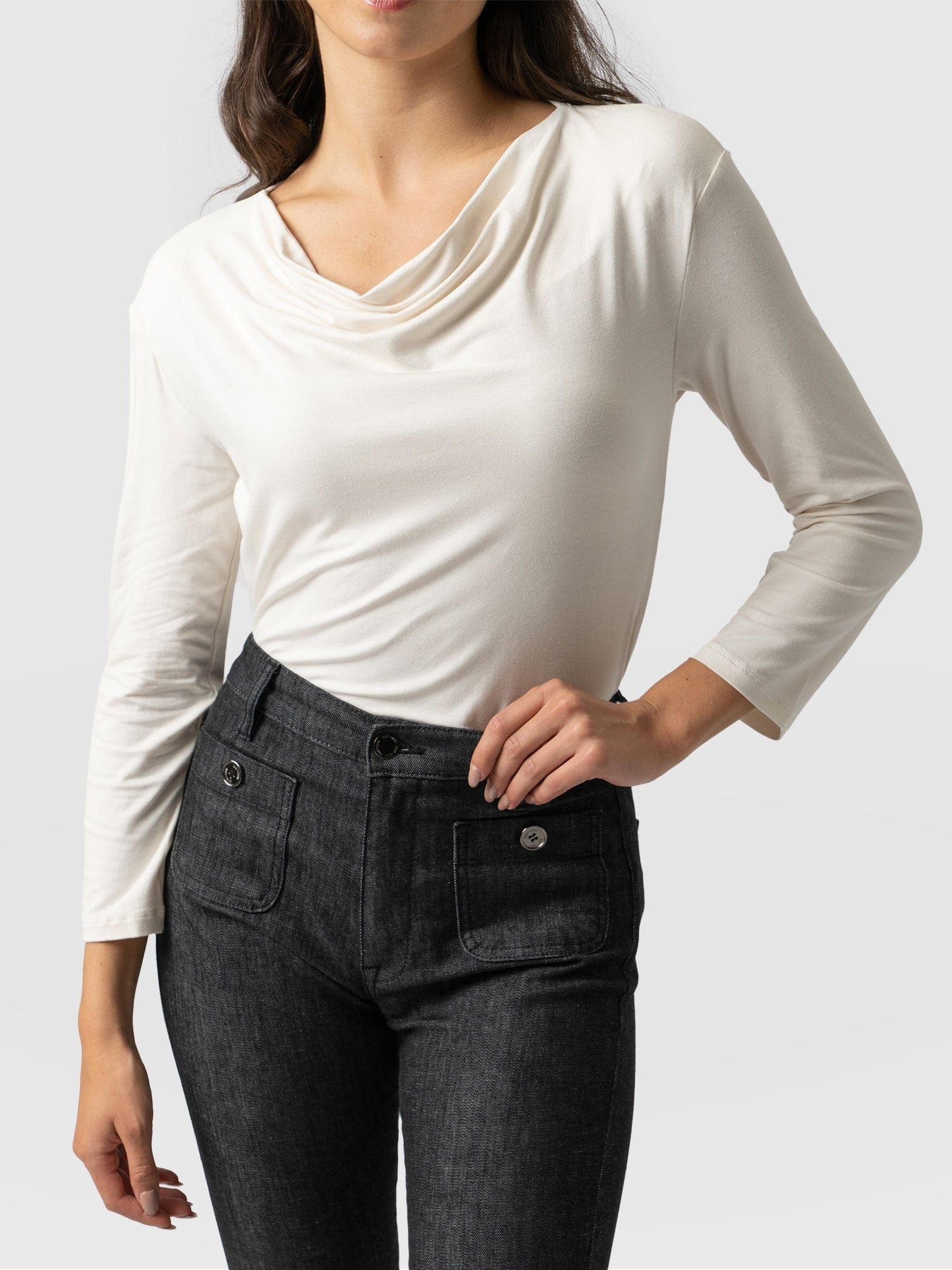 Cowl Neck Tee Cream Long Sleeve - Women's T-Shirts | Saint + Sofia® USA