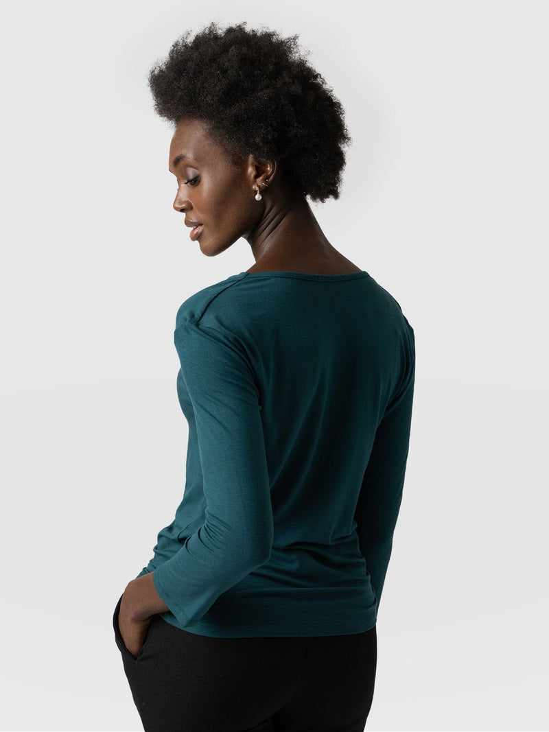 Cowl Neck Tee Deep Green Long Sleeve - Women's T-Shirts | Saint + Sofia® UK