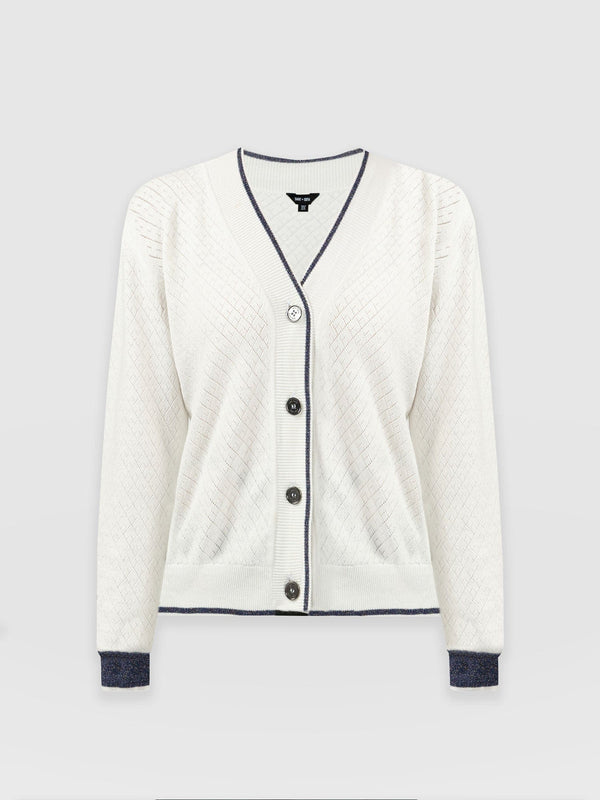 Diamond Knit Cardigan White/Navy - Women's Cardigans | Saint + Sofia® UK
