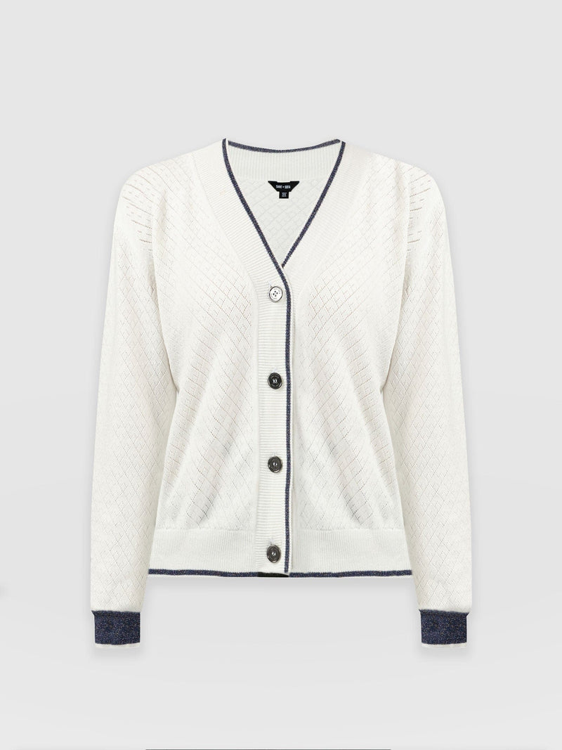 Diamond Knit Cardigan White/Navy - Women's Cardigans | Saint + Sofia® UK