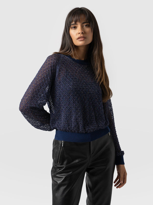 Diamond Knit Sweater Blue Lurex - Women's Sweaters | Saint + Sofia® USA