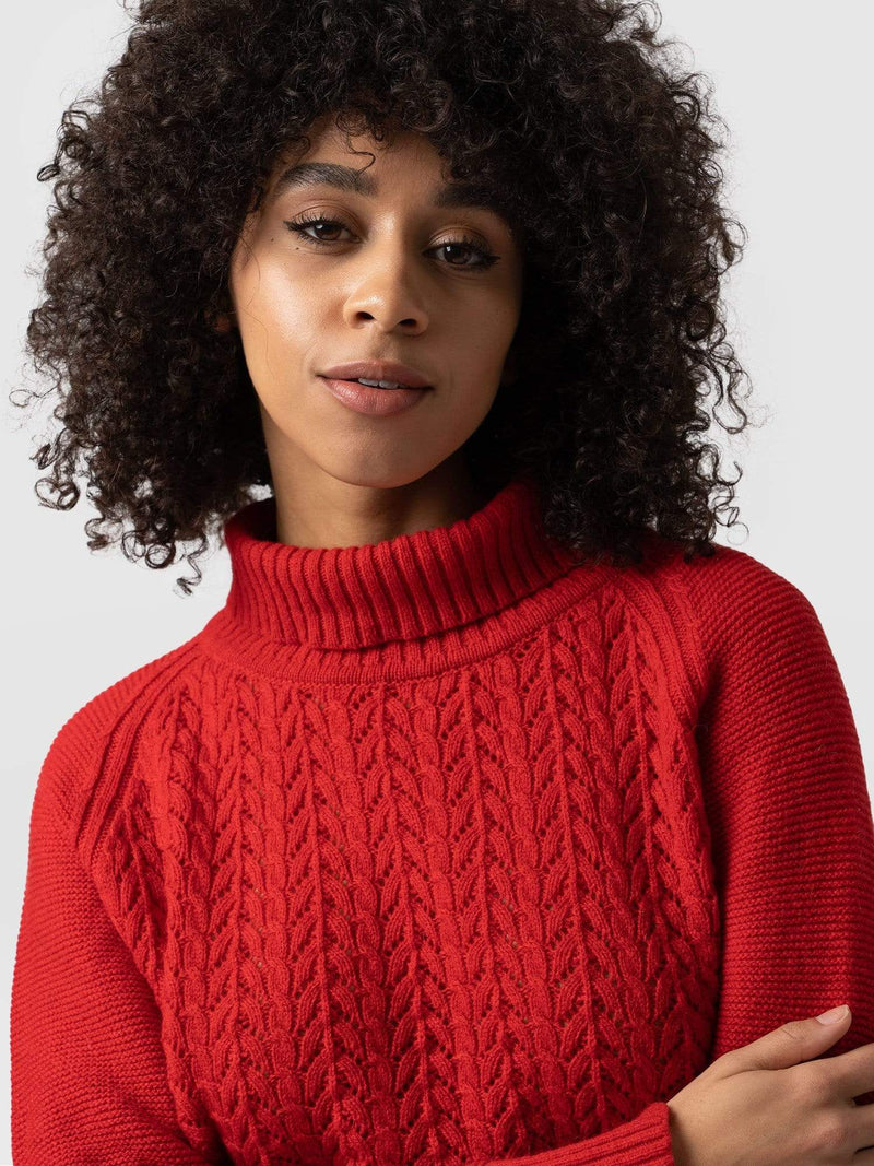 Glen Cable Knit Jumper Red - Women's Jumpers
