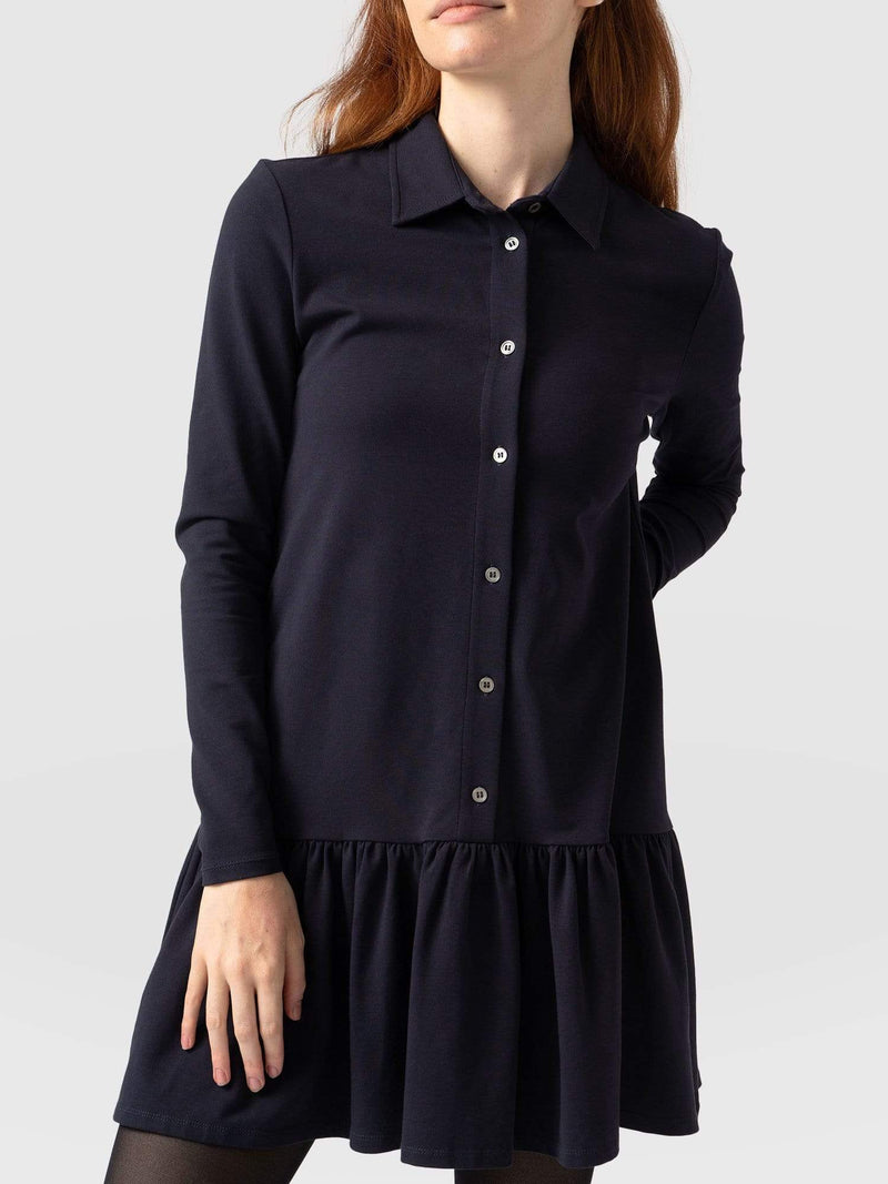 Jersey Ruffle Dress Navy Sleeves - Women's Dresses | Saint + Sofia® USA