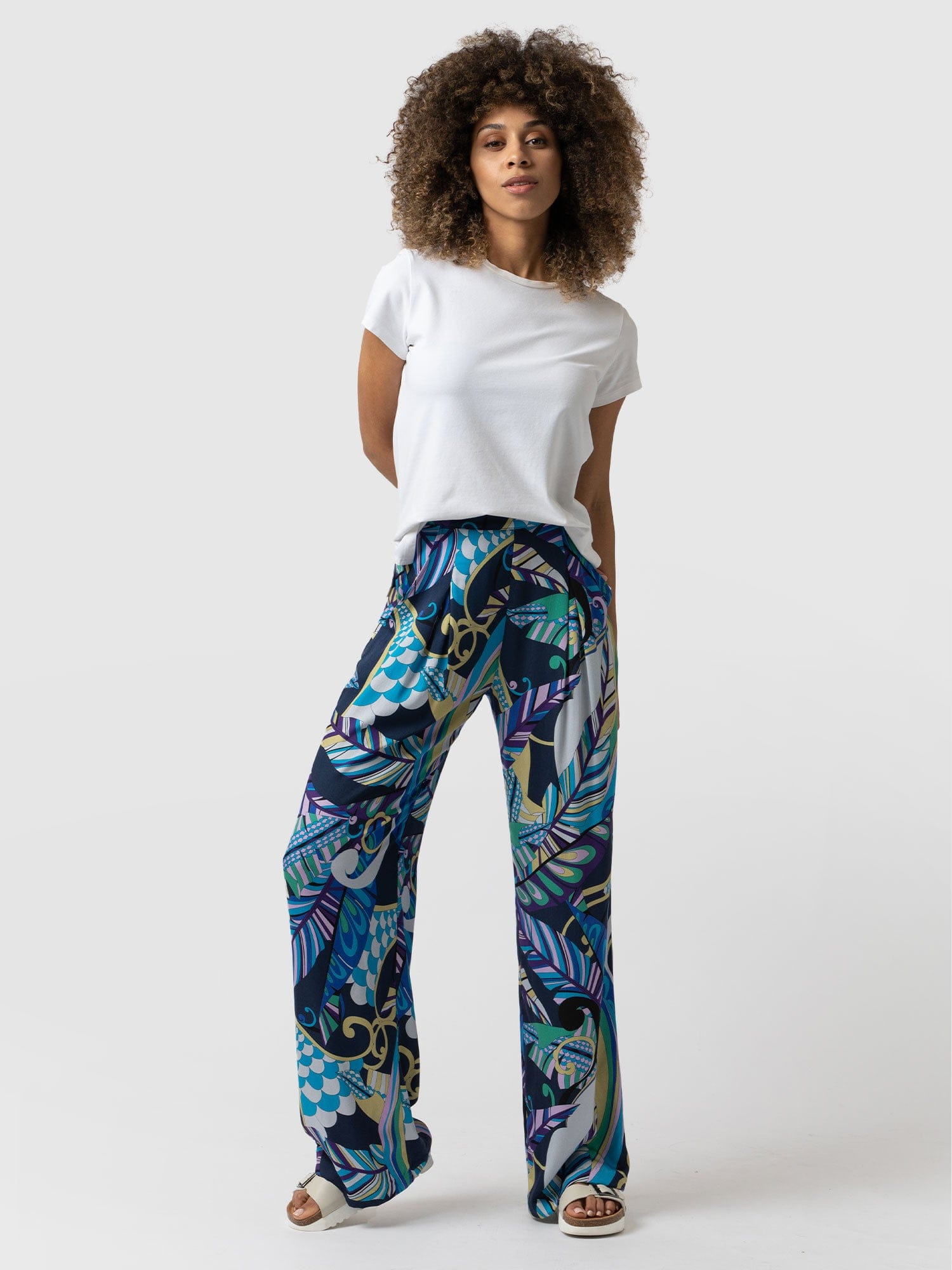 Rowan Wide Leg Pant Blue Palm - Women's Trousers | Saint + Sofia® UK