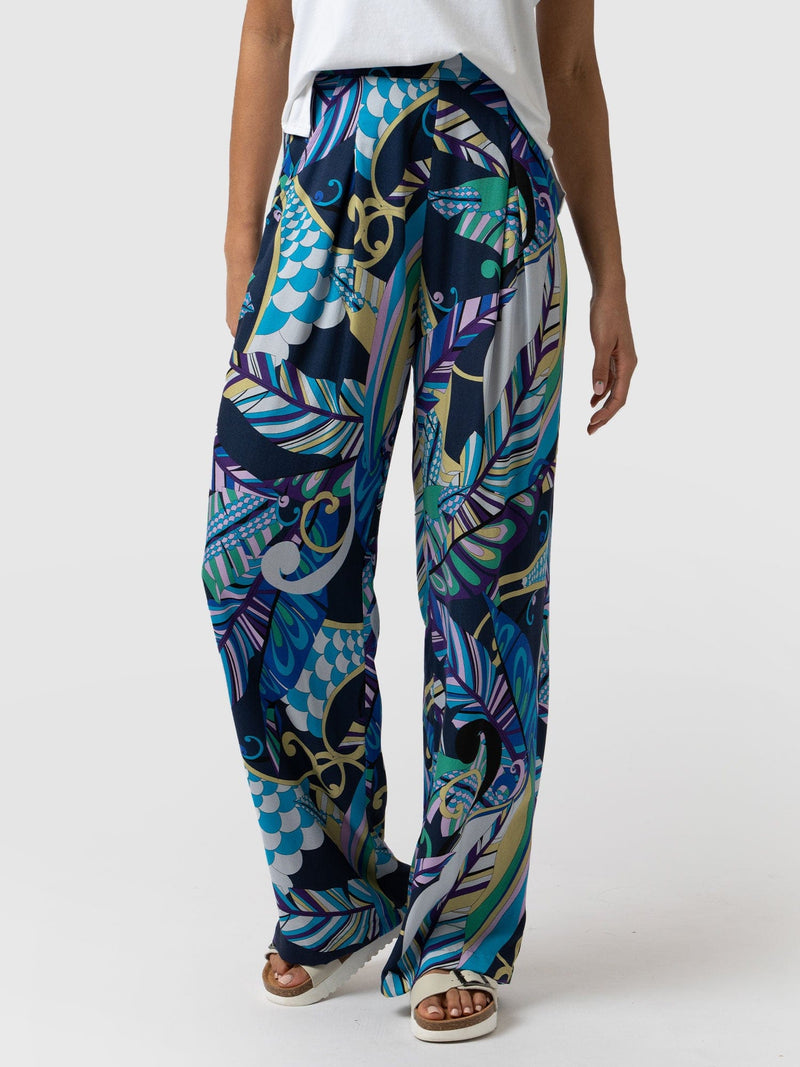 Rowan Wide Leg Pant Blue Palm - Women's Trousers | Saint + Sofia® UK