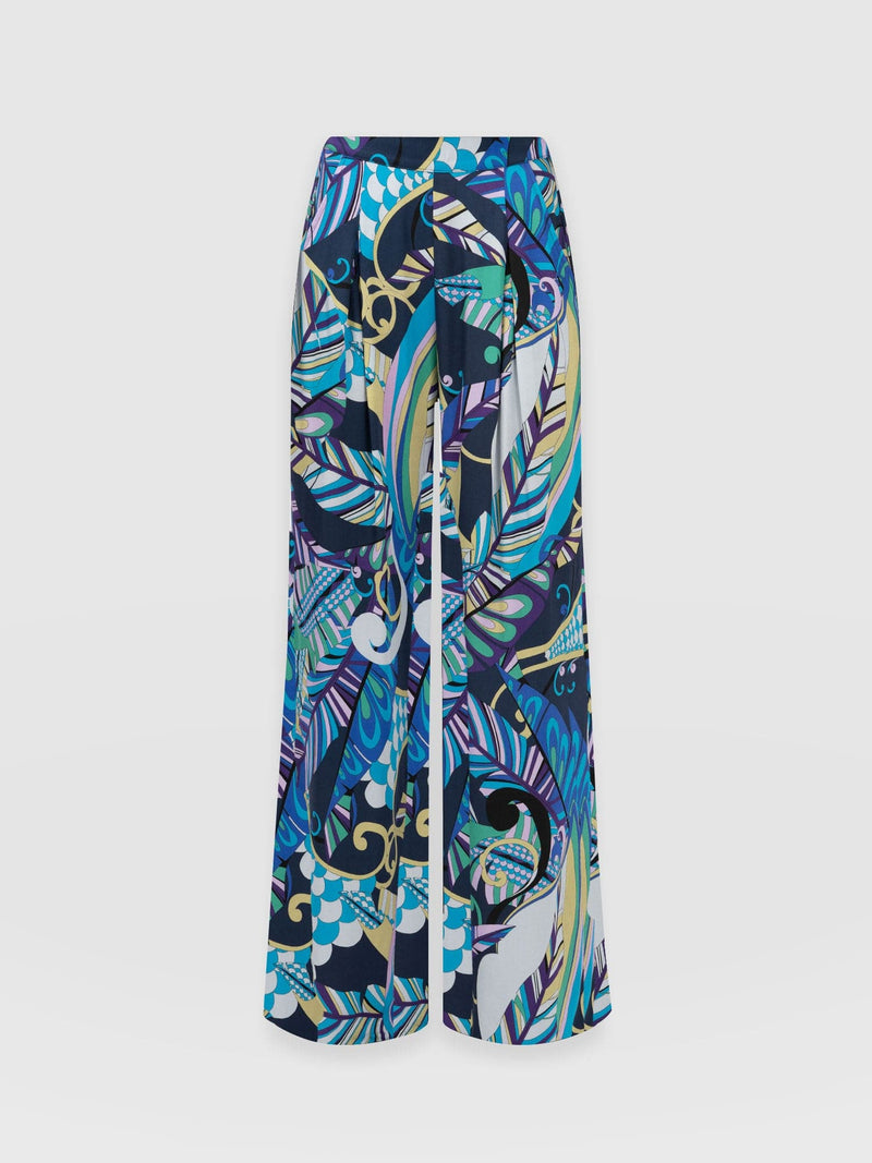 Rowan Wide Leg Pant Blue Palm - Women's Trousers | Saint + Sofia® UK