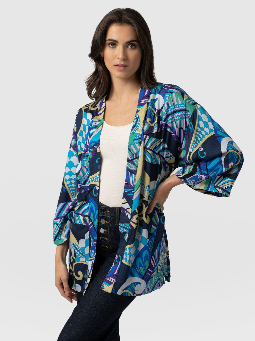 strejke Allieret boble Sunset Kimono Blue Palm - Women's Jackets | Saint + Sofia® USA
