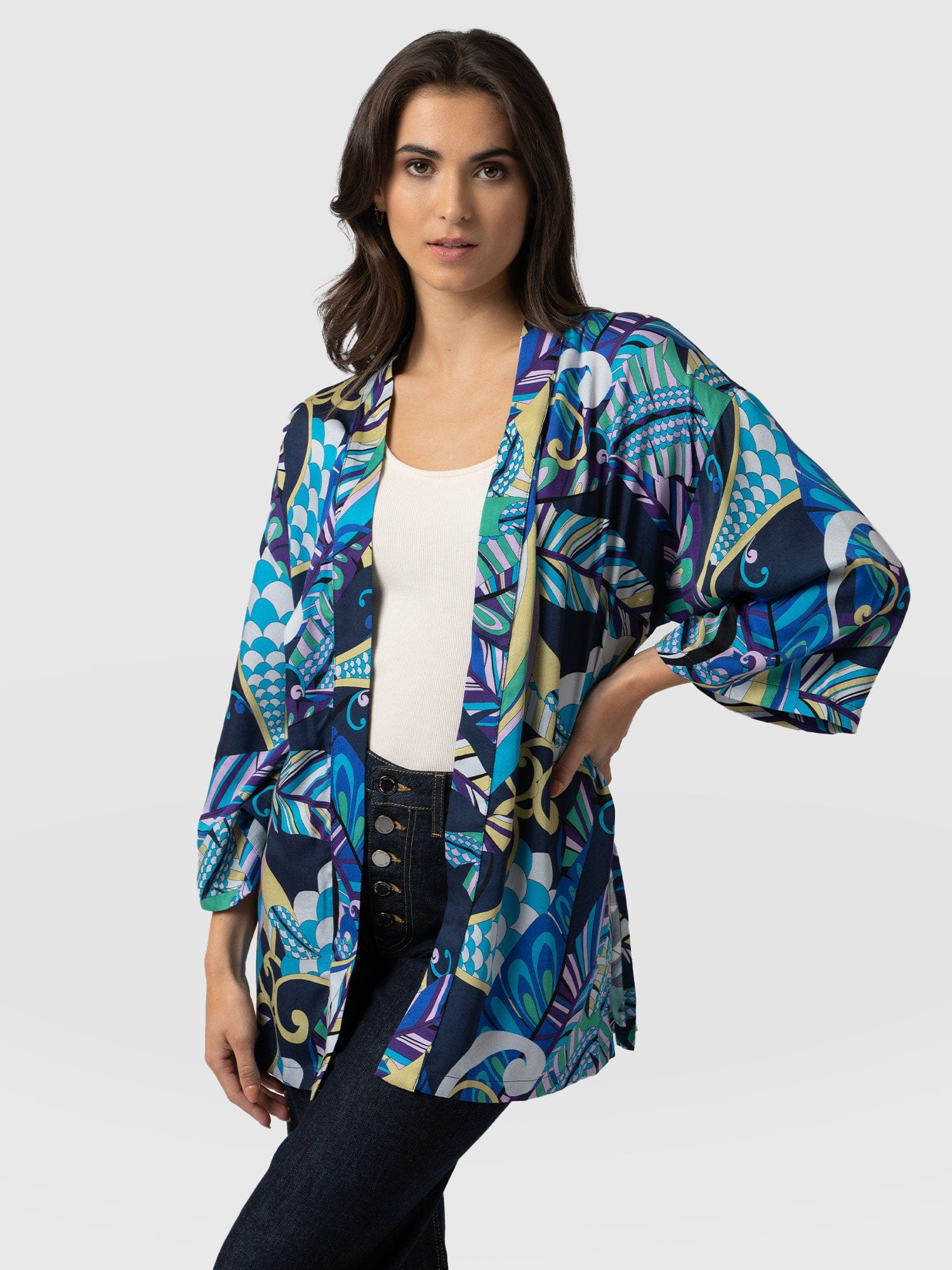 Sunset Kimono Blue Palm - Women's Jackets | Saint + Sofia® UK